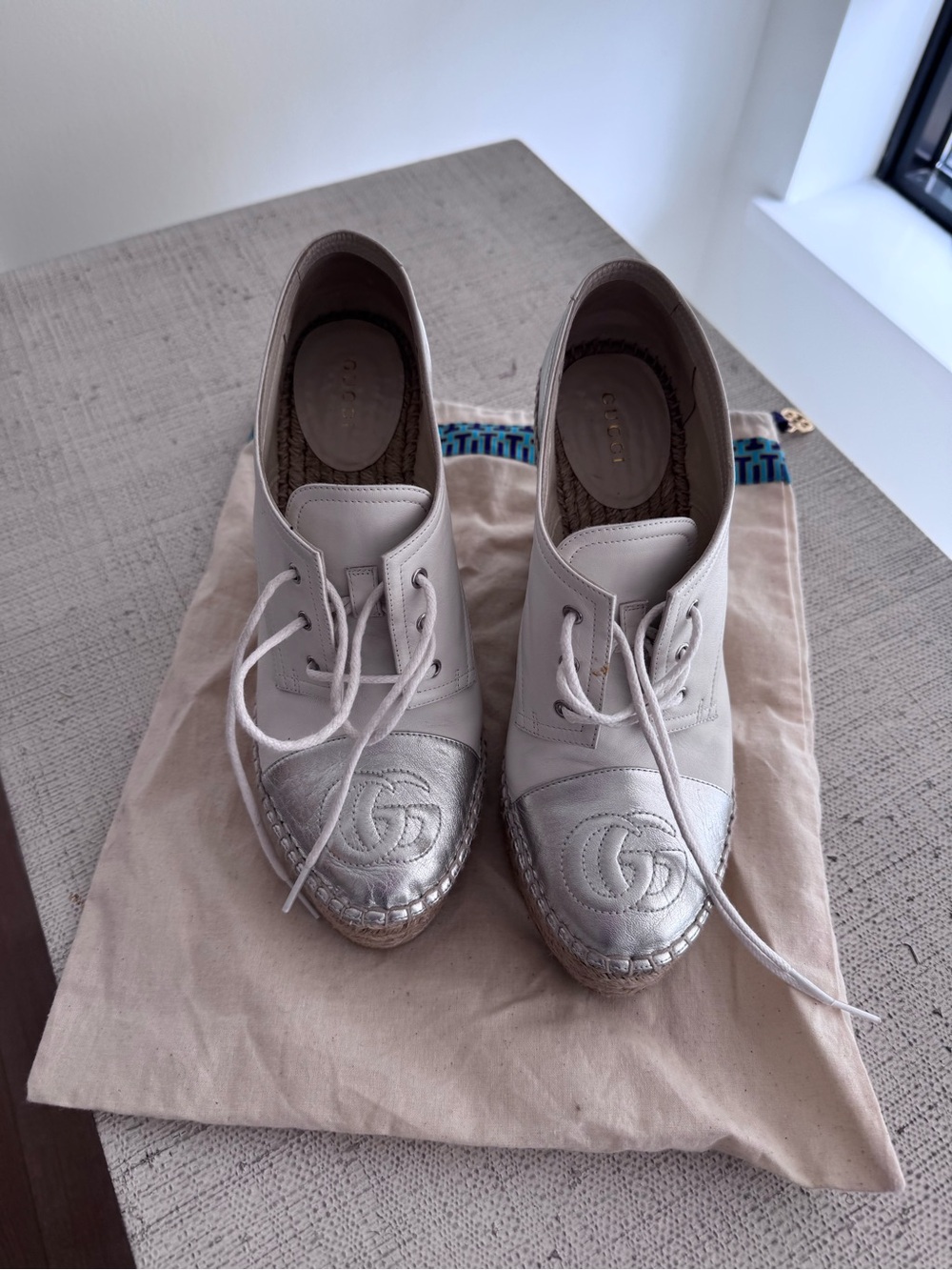 Gucci Women's GG Pilar Wedge Heels in Light Beige and Silver